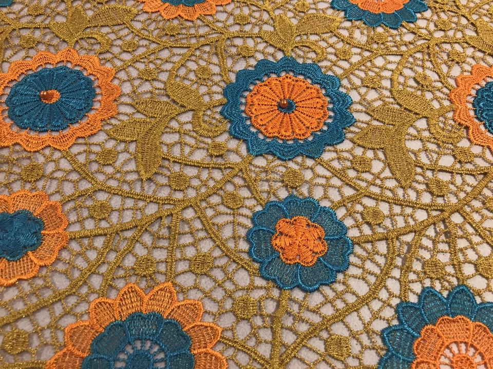 Tela de encaje de Venecia francesa guipur dorado azul naranja 50" ancho vendido por yarda Foto 4 de 4