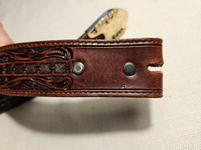 Brown Leather Hand Tooled Silver Concho Western Belt Size 34  display picture 3