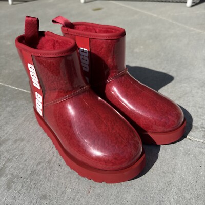Ugg Classic Clear Mini Ankle Boots Womens Size 5 Red Waterproof Rain Boots NEW