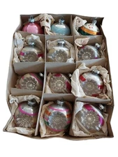 12 Vtg 1940s Shiny Brite Mercury Glass Double Indent Stripe Reflector Round READ