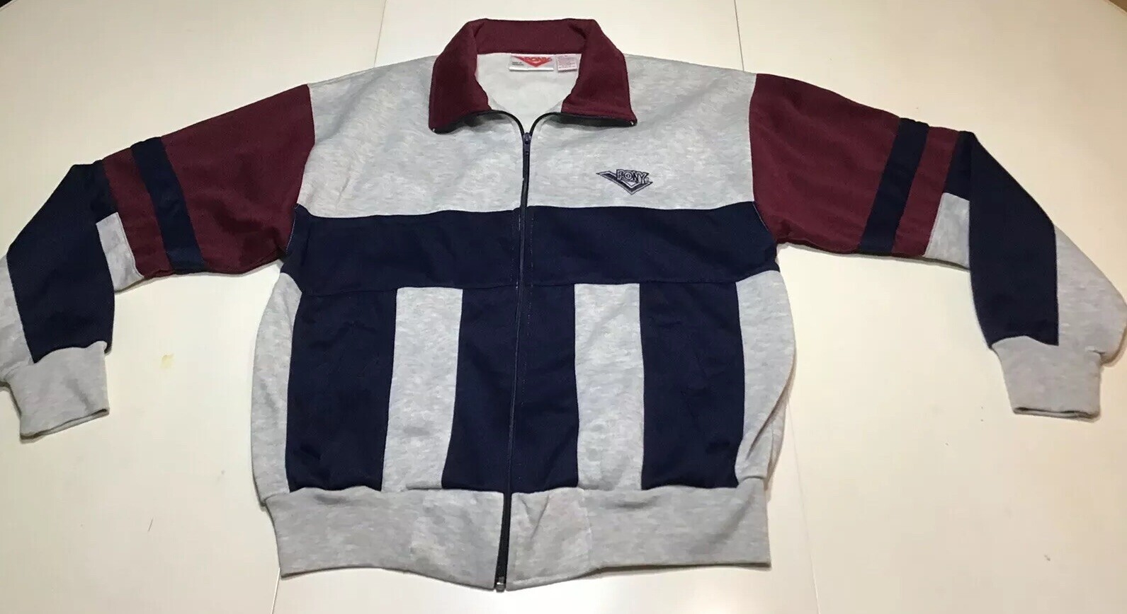 Scarpe pony vintage da uomo colore blocco felpa giacca riscaldante anni '90 taglia L ottime condizioni