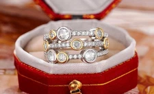 CZ Multi-Stone Three Row Band in White, Yellow Gold  Accents