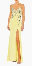 NEW Mac Duggal Women's Yellow Beaded Floral Sheath Gown Dress Size 8 Open Back