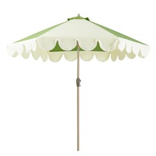 Tempera 9' Scalloped Patio Umbrellas Fringe Market Canopy 1.5" Wood Pole Green