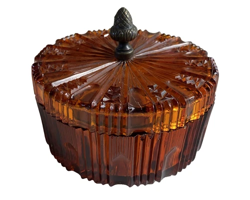Amber Depression Glass Candy Dish with Acorn finial