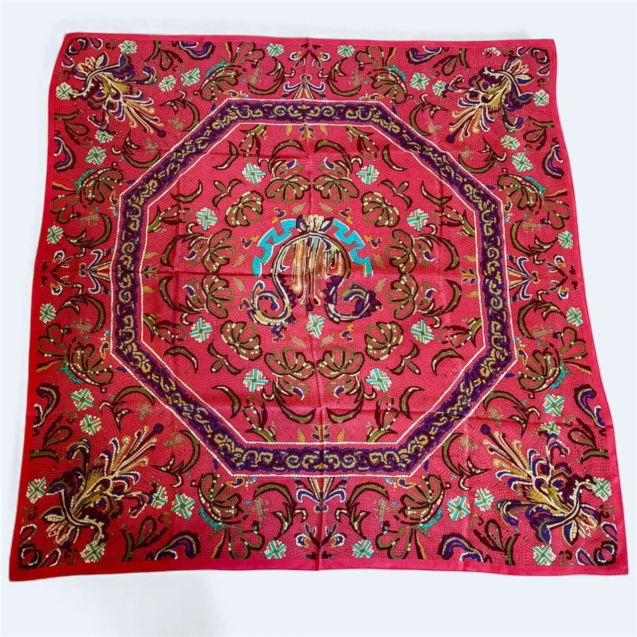 Luxury Scarf Red Gold Floral Pattern Octagon Center Monogram Accent