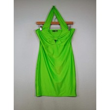 Neon Y2K Fashion Nova Womens LG Lime Green Halter Twist Front Mini Dress D5649C