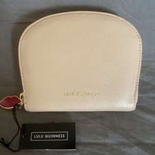 LULU GUINNESS Latte Leather Crescent Purse New Gold Zip Around Lips Zip Pull