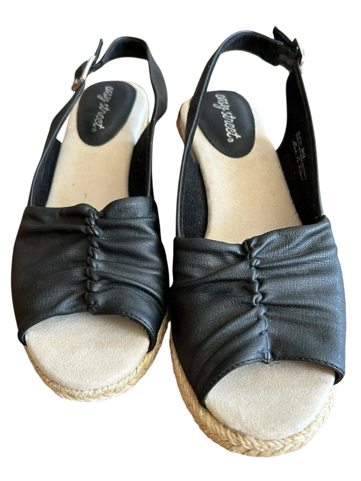 Easy Street Hebilla Correa Punta abierta Alpargata Tacones de cuña Mujer Talla 8.5M Negro Foto 3 de 4