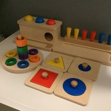 Monti Kids Montessori Wooden Toy Set - Shape Sorter, Stacking Rings, and More