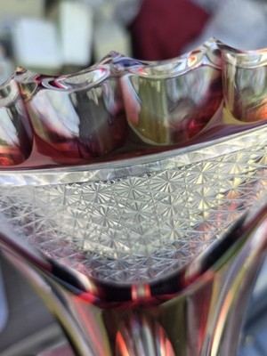Caesar Crystal Bohemiae Red Clear Lead Crystal Vase Czech Hand Cut Geometric