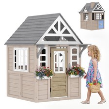Outdoor Playhouse, Wooden Kids Playhouse with Dog Door, Cookware, Bell