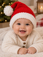 Handmade Crochet Santa Hat Baby 0-6 Months, Red  White, Christmas Hat, 36-42cm