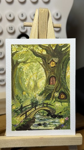 ACEO Original Magic Cat Gouache Painting Art Card  Enchanted Forest , Signed