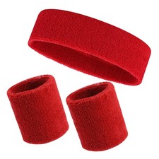 Sports Sweatband Set with Headband and Wristbands, Cotton Material, Red
