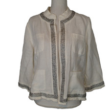 Chicos Linen Jacket sz 2 silver Beaded Office Work Capsule white blazer