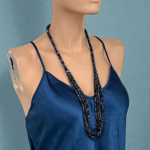 Peacock Blue Purple Multi Strand Iridescent Bead Necklace Faceted Glass 