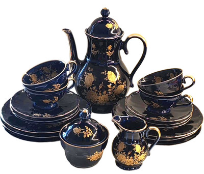 Bareuther Waldsassen 6-teiliges Kaffeeservice   Kobaltblau, 22 Karat Gold