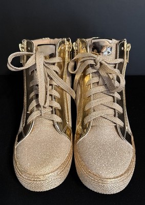 Lauren Lorraine Gold Glitter High Top Sneakers Zipper Accents Size 7 EC