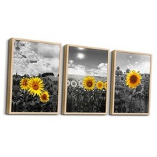 Natural 20x28inches 3pcs Black And White Yellow Sunflower Natural Wood Framed