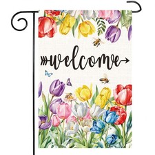 Spring Summer Floral Welcome Garden Flag Tulip Welcome House Flag Double Side...