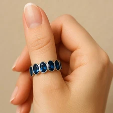 Blue Topaz Eternity Ring Band Size 10 Multiple Oval Gemstones Silvertone