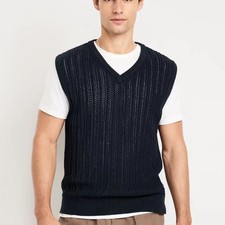 NEW Old Navy Mens Cotton Open Stitch Cable Knit Sweater Vest Navy Blue LT NWT