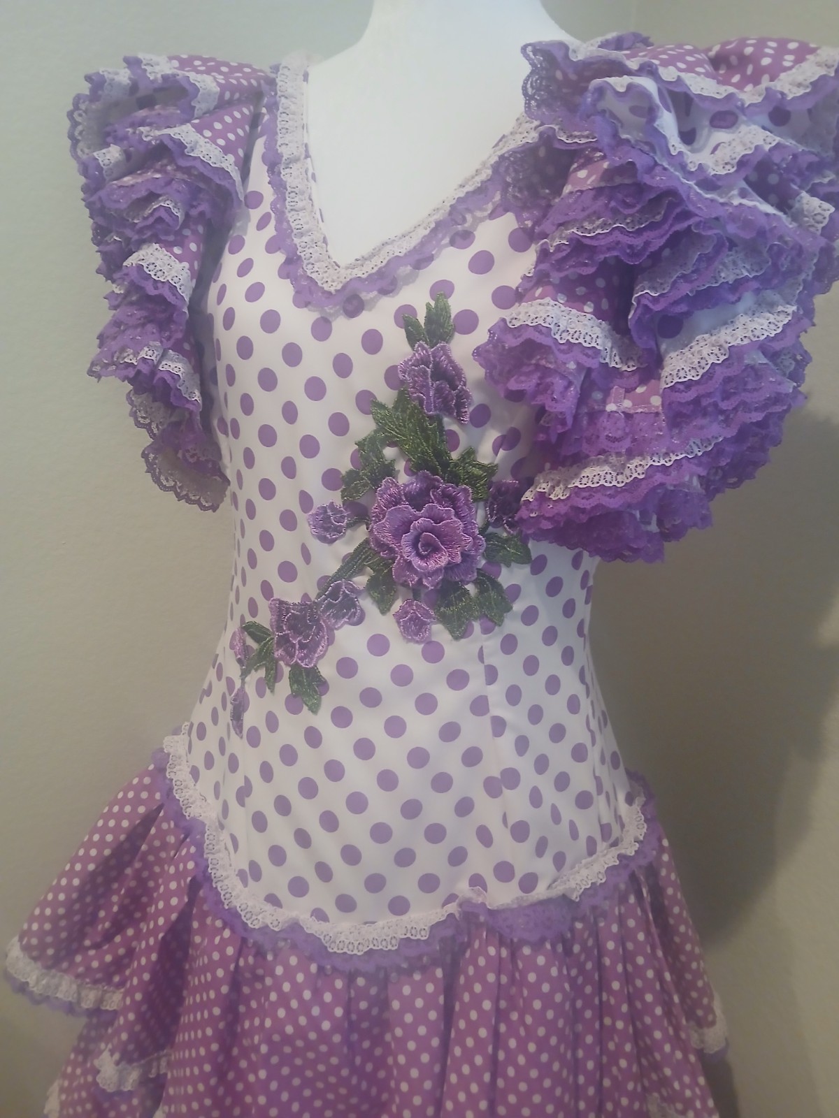 Vestido de Flamenca Vintage Púrpura Lunares Y Blanco PETITE MEDIUM Para Mujer