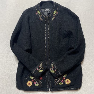 Icelandic Design Wool Jacket Black Floral Fair Isle Zip Sweater Vintage Y2K  L