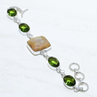Bracelet En Argent Massif Avec Chrysoprase Et Péridot - Modèle #1601 Fait Main - Neuf Avec étiquettes