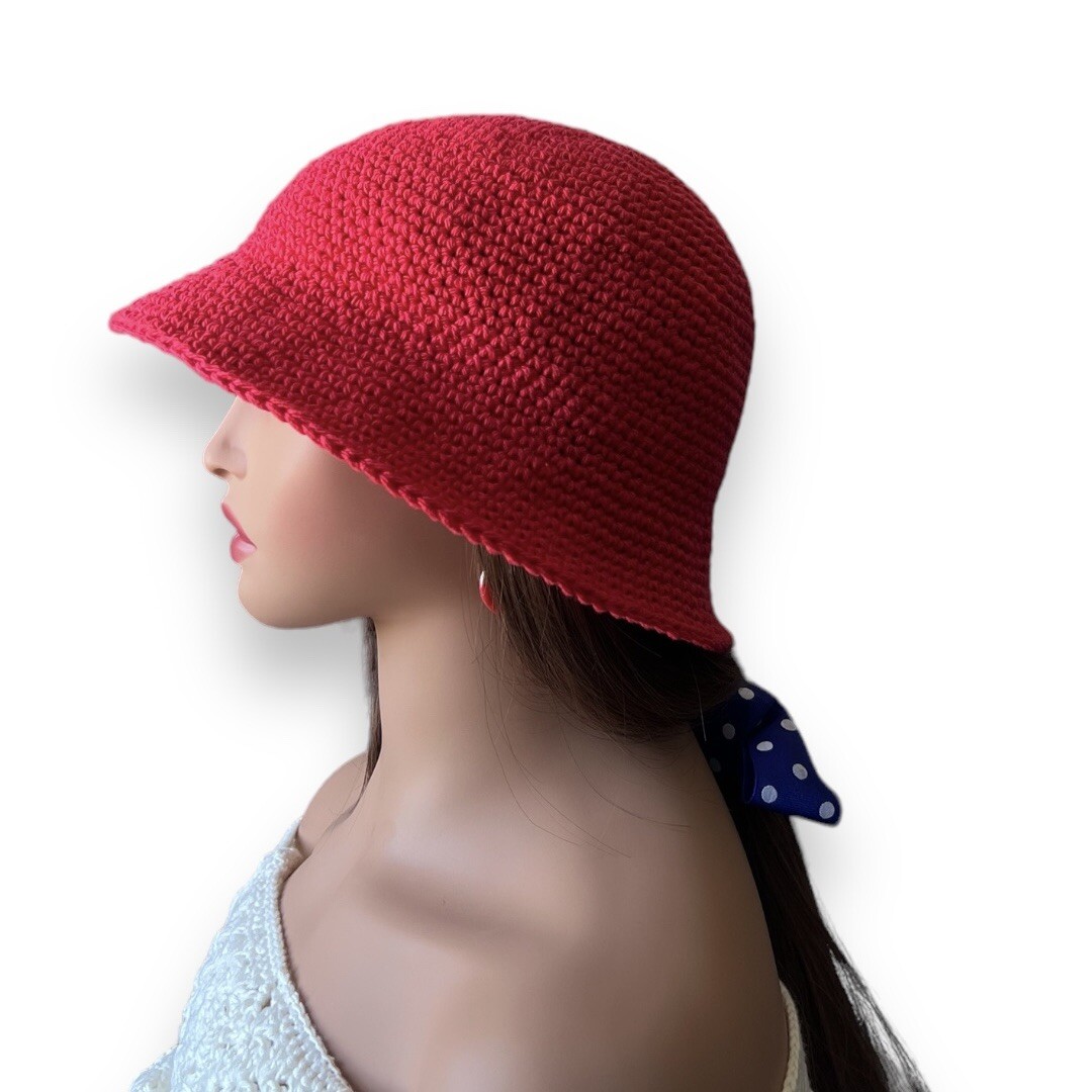 Red HAT Short brim Handmade Crocheted Bucket Hat