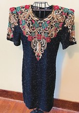 Vintage 1980 Scala Black Holiday Silk Beaded Sequin Evening Formal Dress Sz Med