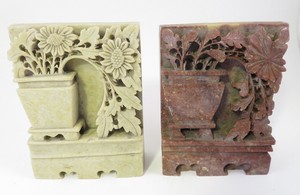 PAIR OF ANTIQUE CHINESE SOAPSTONE BOOKENDS HAND CARVED FLORAL 2 TONED