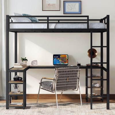 Full Metal Loft Bed with Desk and Shelves, Loft Bed with Ladder and Guardrails
