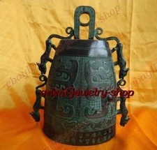 Tibet Vecchio Tempio Dio Statua Patina Bronzo Buddista Drago Canto Carillon Campana