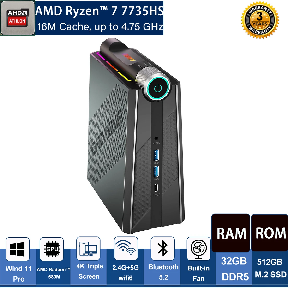 AM08 Mini gaming PC Ryzen7-7735HS 4K UHD GAME Mini PC AMD