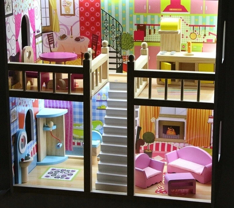 Gigante Casa Casetta delle Bambole h 90cm in Legno con Mobili e Luci a Tre Piani - Immagine 2 di 4