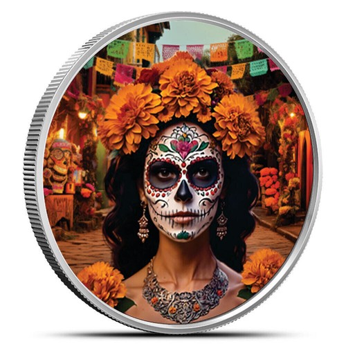 1 oz Silbermedaille coloriert Dia de los Muertos ~ Stempelglanz in Kapsel - Bild 1 von 6