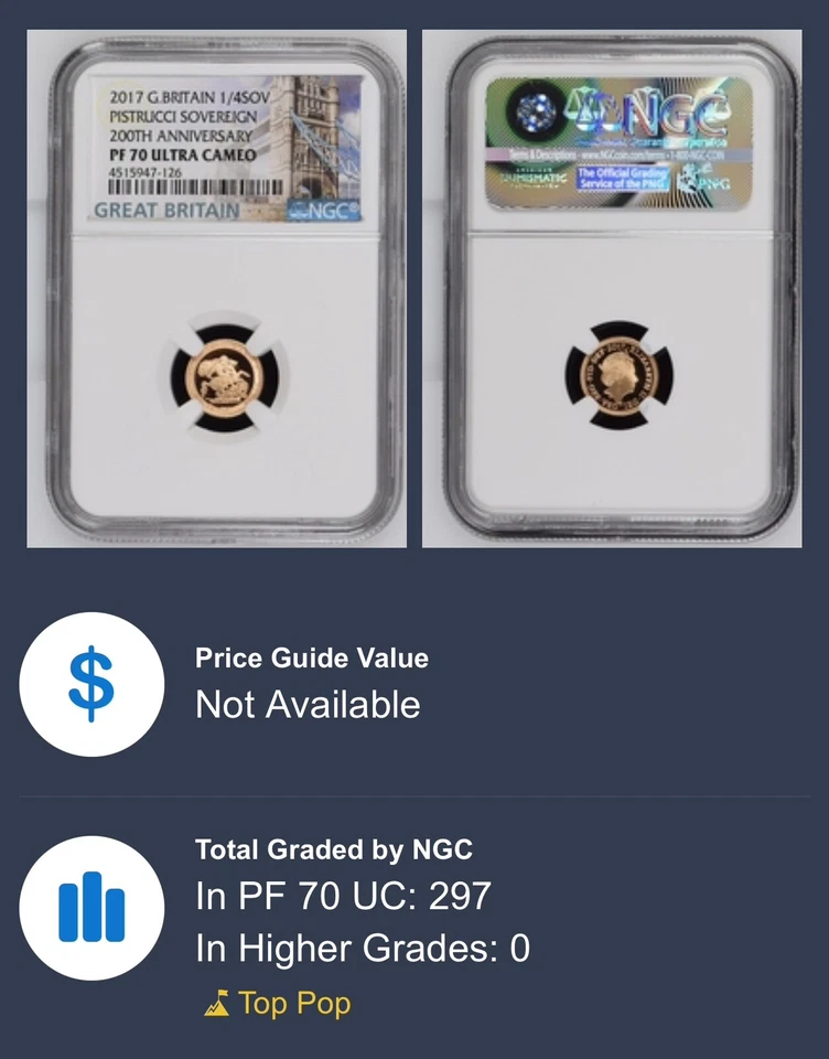2017 UK Great Britain Gold Proof Pistrucci 1/4 Sovereign Coin • PF70 TOP POP - Image 4 of 4