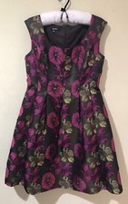 Nine West Floral Pleated Fit Flare Dress 10 Satin Bronze Metallic Pink Lined D7