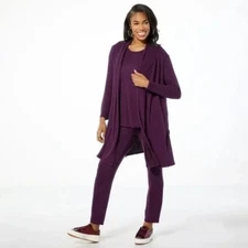 Nina Leonard 3 Pc Shawl Cardigan Tank and Pant Set Size Large Tall Raisin Multi