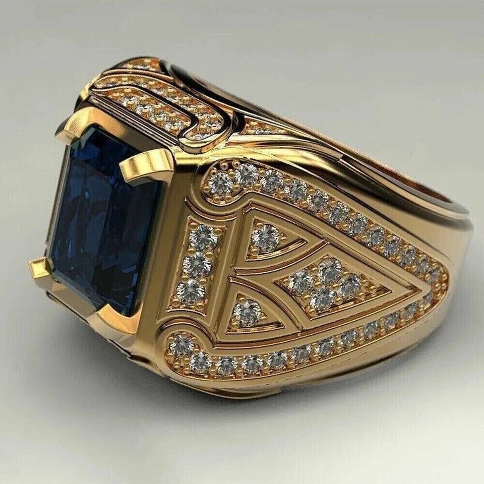 3Ct Emerald Cut Blue Sapphire Men's Engagement Ring 14K Yellow Gold Over US 7-12 - Image 2 of 4