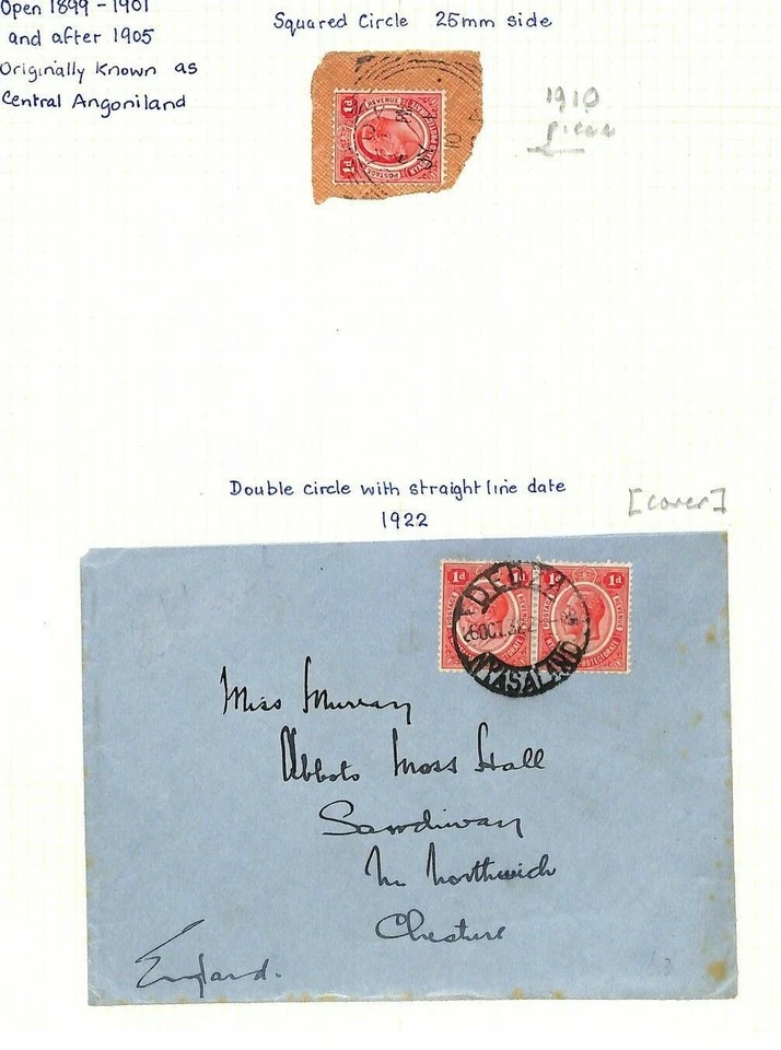 NYASALANDIA Raro POSELLOS *Dedza* CDS 1922 Cubierta Cuadrado Círculo 1910 Pieza AG129 Foto 4 de 4