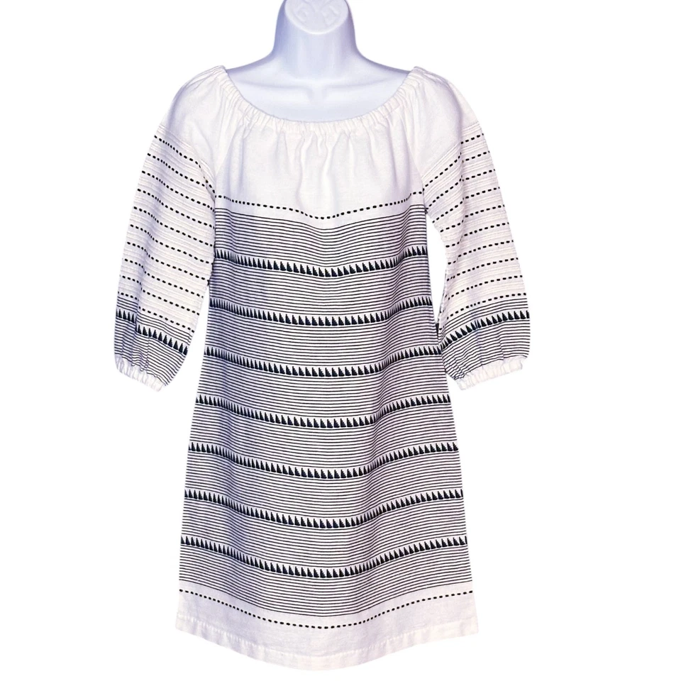 Vestido recto EE Etcetera talla 4 algodón azul marino a rayas cuello elástico fuera del hombro Foto 2 de 4