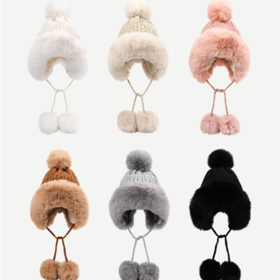 Women Faux Fur Trim Hat Pom Pom Cap Beanie Bobble Knit Splice