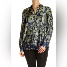 BANANA REPUBLIC Dillon Floral Silky Blouse Button Down Front XS Blue Green