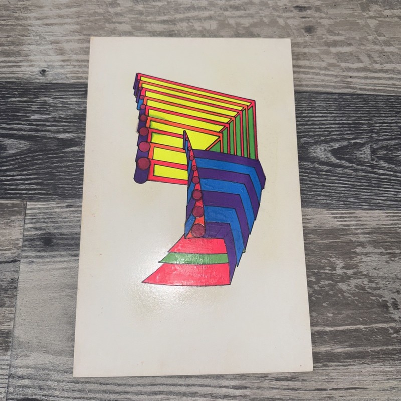 Vintage 1970 Abstract Psychedelic Geometric Painting Neon Pop Art Space Age .