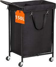 150L Laundry Basket with Wheels, Double Rolling Hamper 150L, Black