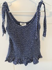 Blue Floral Smocked Crop Top XS Tie Strap Ruffle Y2K Cottagecore Coquette Cami