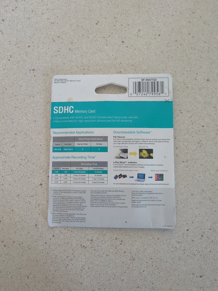Brand New Sony 4GB SDHC Memory Card SF-4N4/TQ2 Class 4 500+ Photo Space - Image 2 of 2